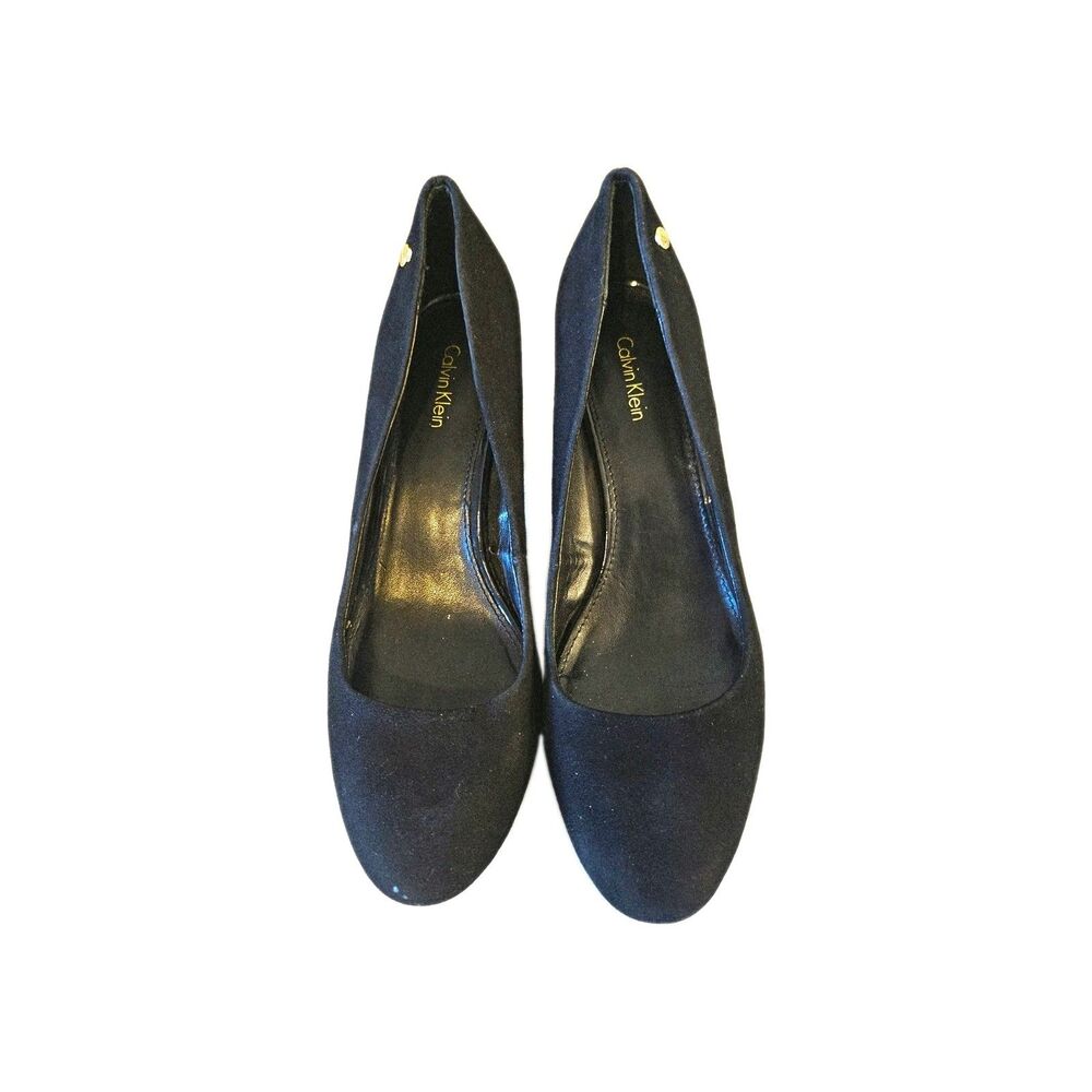 Calvin Klein Black Suede Round Toe Block Heel Pumps Slip On Size 8